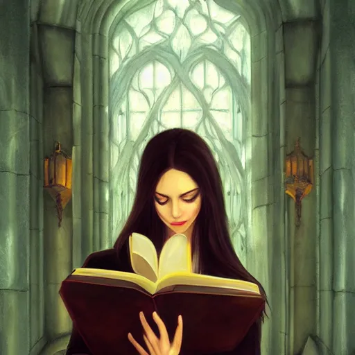 Prompt: a painting of a woman reading a book, a storybook illustration by anne stokes, featured on cgsociety, gothic art, wiccan, artstation hd, d & d