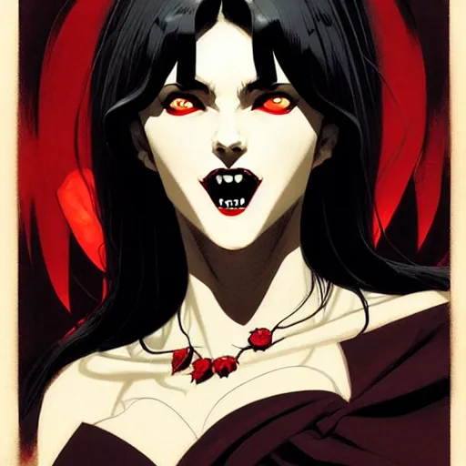 Image similar to beautiful vampire queen with fangs, symmetrical face, evil, portrait, cinematic, dramatic, powerful, super detailed and intricate, by koson ohara, by darwyn cooke, by greg rutkowski, by satoshi kon