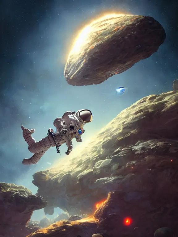 Image similar to photo of 8k ultra realistic astronaut riding an asteroids, nasa, clear sky, full of colour, cinematic lighting, battered, trending on artstation, 4k, hyperrealistic, focused, extreme details,unreal engine 5, cinematic, masterpiece, art by Peter Mohrbacher