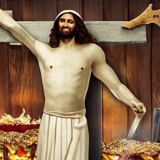 Prompt: jesus nailed to a chipotle advertisement