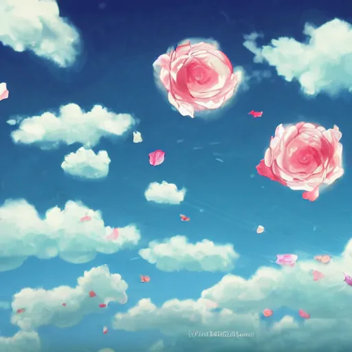 Image similar to background art of spaciously scattered flower petals flowing and floating through the blowing swirling directional wind from left to right on a simple cloudy sky background, big puffy clouds, large individual rose petals, angular background elements, polygonal fragments, studio ghibli, artgerm, trending on artstation, art nouveau, mature color scheme