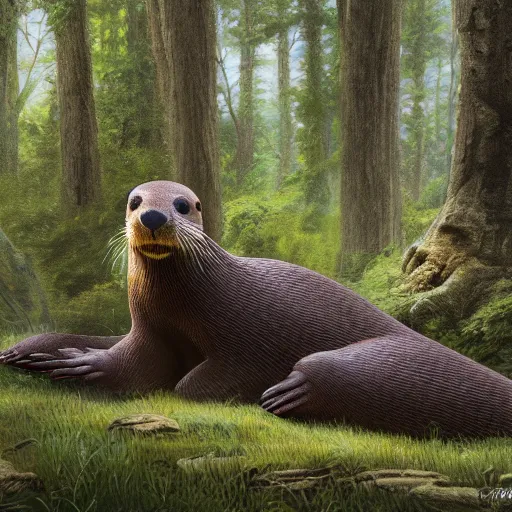 Prompt: a giant otter in the forest,digital art,ultra realistic,ultra detailed,art by greg rutowski,trensimg on artstation