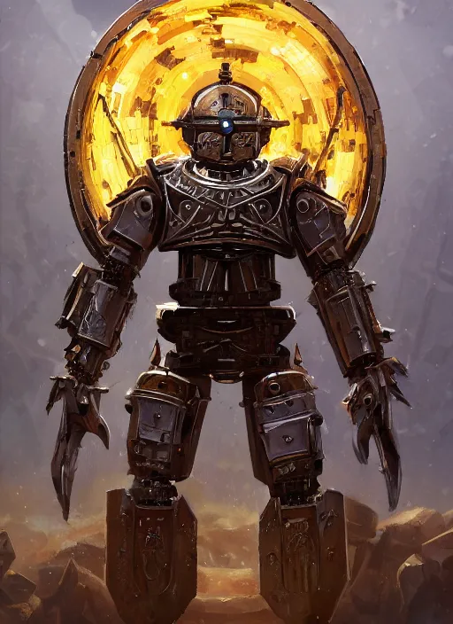 Image similar to full body, attack position abstract portrait of a intricate glorious holy mechanical warforged with circular glowing eye, character in yellow armor holding a paladin engraved great longsword drawn and carrying a big paladin shield, vertically flat head, face in focus, pit droid, epic , trending on ArtStation, masterpiece, cinematic lighting, by Ross Tran and by Greg Rutkowski