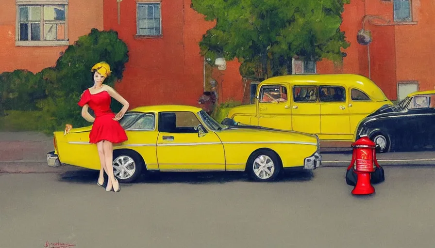 Prompt: a picture of a yellow-car parked next to a red-hydrant with a woman in a yellow-dress sitting on the hood, BEUTIFUL!, surreal, in style of artgerm, norman rockwell, Edward Hopper