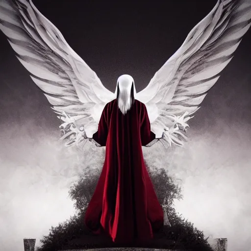 Image similar to aesthetically pleasing image of the whitewinged angel of death wearing a crimson and black robe descending on the innocent in their graves