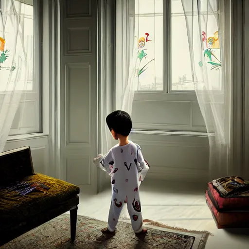 Prompt: young boy wearing white fabric pajama with cartoon paintings on it infront of the window in his room and staring outside. highly detailed, digital photo, smooth and sharp focus, cg by tian zi and wlop and alphonse mucha