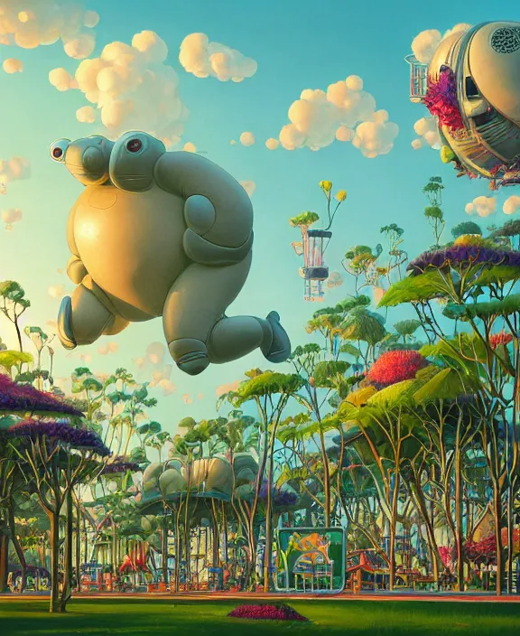 Prompt: simplicity, an elegant amusement park made out of seamless fat asymmetrical organic creatures, in the style of an aerodynamic blobby robot, overgrown with orchids, partly cloudy, sun - drenched, dramatic lighting, by dan mumford, yusuke murata, makoto shinkai, ross tran, cinematic, unreal engine, cel shaded, featured on artstation, pixiv