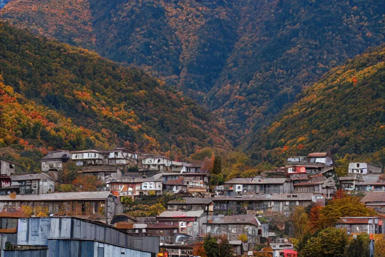 Prompt: warehouses lining a street, with an autumn mountain directly behind it. radio tower on the mountain, lens compression. photography