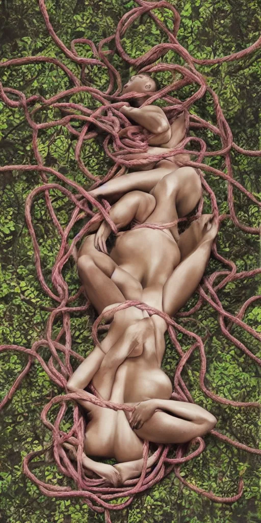 beautiful painted female bodies intertwined, shibari