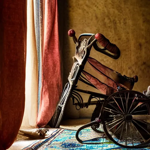 Prompt: A dark kitsch-filled dusty parlor brightened by a morning sunbeam with floating dust particles, a small tattered Persian rug is on the floor, a little child\'s tricycle is parked in the corner of the room, cinematic, vignette, ultrarealistic, photograph, natural lighting