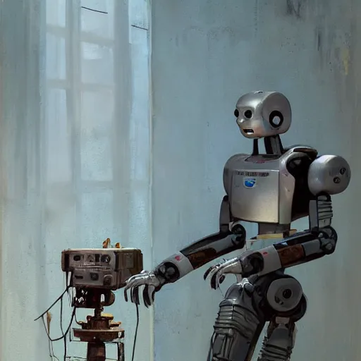 Prompt: a realistic painting of a humanoid robot ( chappie ) painting on a canvas in an abandoned building. by jordan grimmer tyler eldin ralph mcquarrie simon stalenhag. digital art, artstation, octane, uhd hdr