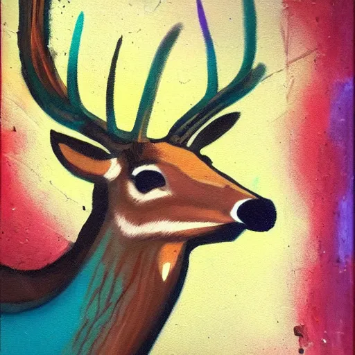 Image similar to deer smoking a cigarette, stylized, artistic, expressive, contrasting colors, rule of thirds, dripping paint, thick strokes