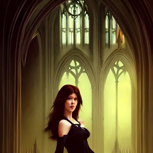 Image similar to a portrait digital painting of mary elizabeth winstead as a vampire in a gothic cathedral at night. painted by artgerm, ross tran.