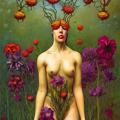 Image similar to woman commands flower creatures, by gerald brom