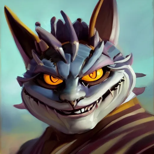 Image similar to greg manchess portrait painting of partially armored cheshire cat from alice in wonderland as overwatch character, medium shot, asymmetrical, profile picture, organic painting, sunny day, matte painting, bold shapes, hard edges, street art, trending on artstation, by huang guangjian, gil elvgren, ruan jia, randy vargas, greg rutkowski