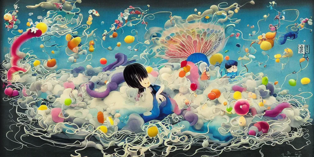 Image similar to !dream The Portuguese Man o' War Comes Down From The Mountain painting by Chiho Aoshima, Takashi Murakami, Yoshitomo Nara, Huang Yuxing and Aya Takano , Superflat art movement, chibi, soft pastel colors, very ethereal, soft glow, black box by Max Ernst The Scarlet Black Box, a rare and early work of Marth Rothko, omnious, sad, surrealism