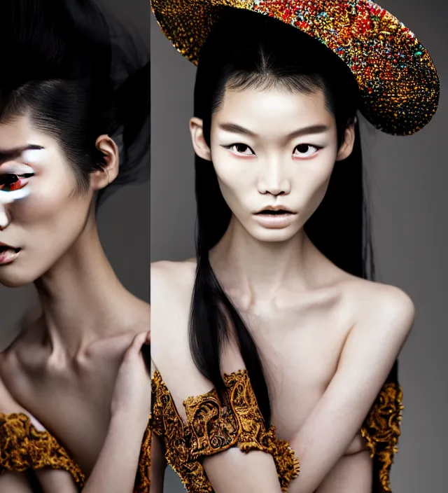 Prompt: photography face portrait of stunning japanese model like ming xi. great hair style, half in shadow, natural pose, natural lighing, rim lighting, wearing an ornate stunning sophisticated coat and hat created by iris van herpen, with a colorfull makeup by benjamin puckey, highly detailed, skin grain detail, photography by paolo roversi