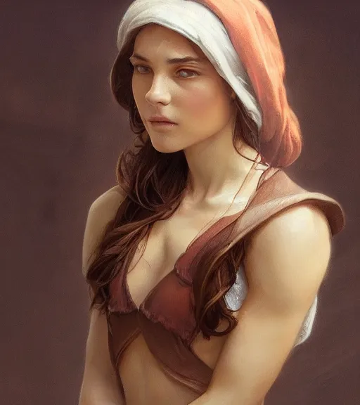 Image similar to portrait of a young woman, soft features, gentle smile, muscular, half body, cloth, brown hair, d & d, fantasy, intricate, highly detailed, digital painting, artstation, concept art, smooth, sharp focus, illustration, art by artgerm and greg rutkowski and alphonse mucha