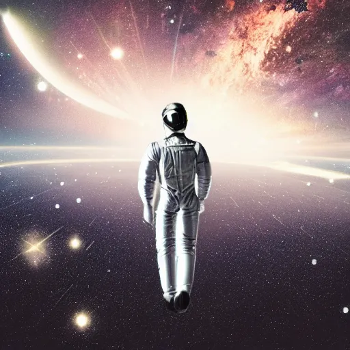 Prompt: man in silver space suit, walking on a catwalk suspended in the darkness of space, surrounded by stars, realistic illustration