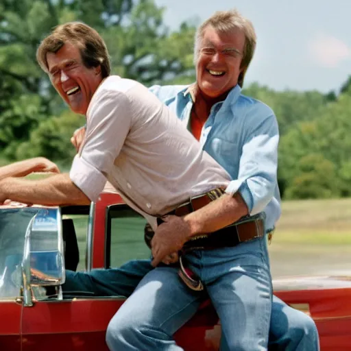 Image similar to kevin tighe laughing as he rides on top of randy mantooth