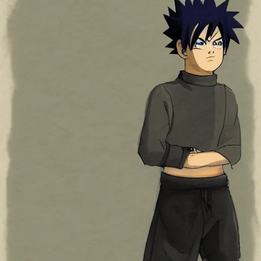 Image similar to young man in naruto costume and with saiyan hair on a trial in a court, courtroom sketch