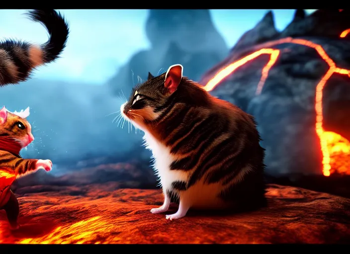 Image similar to hamster fights a cat in mortal kombat at a volcano with shao khan cheering in the background. fantasy magic style. highly detailed 8 k. intricate. lifelike. soft light. sony a 7 r iv 5 5 mm. unreal engine with nanite and path tracing