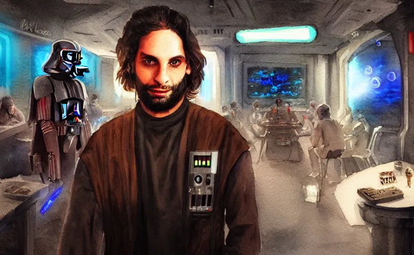 Image similar to a realistic star wars watercolor fantasy concept art of a drug dealer that looks like chris d'elia in a sleazy futuristic bar of coruscant, hq, 4 k