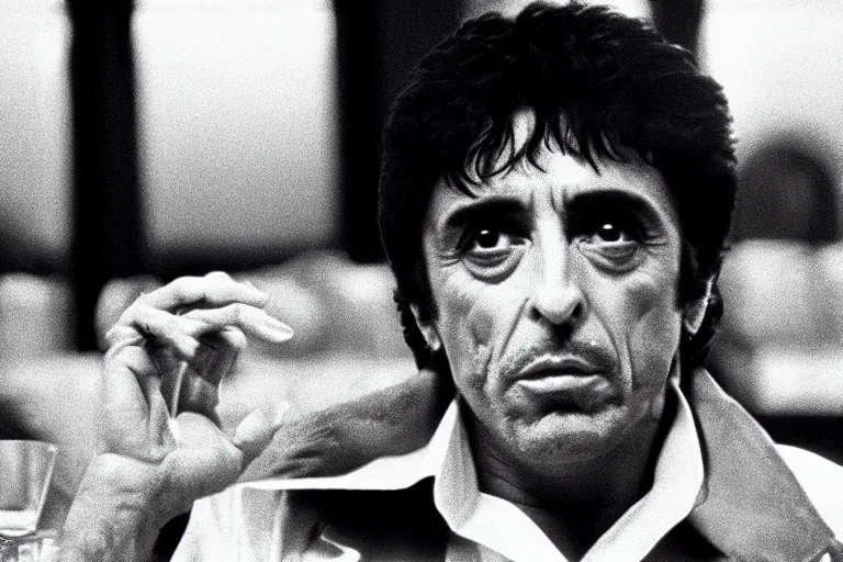 Image similar to tony montana from movie scarface 1 9 8 3 sitting at a big black oak table with big packages of flour. next to the night window. al pacino. perfect symmetric face, coherent eyes,, fine details, 4 k, ron cobb, cinestill