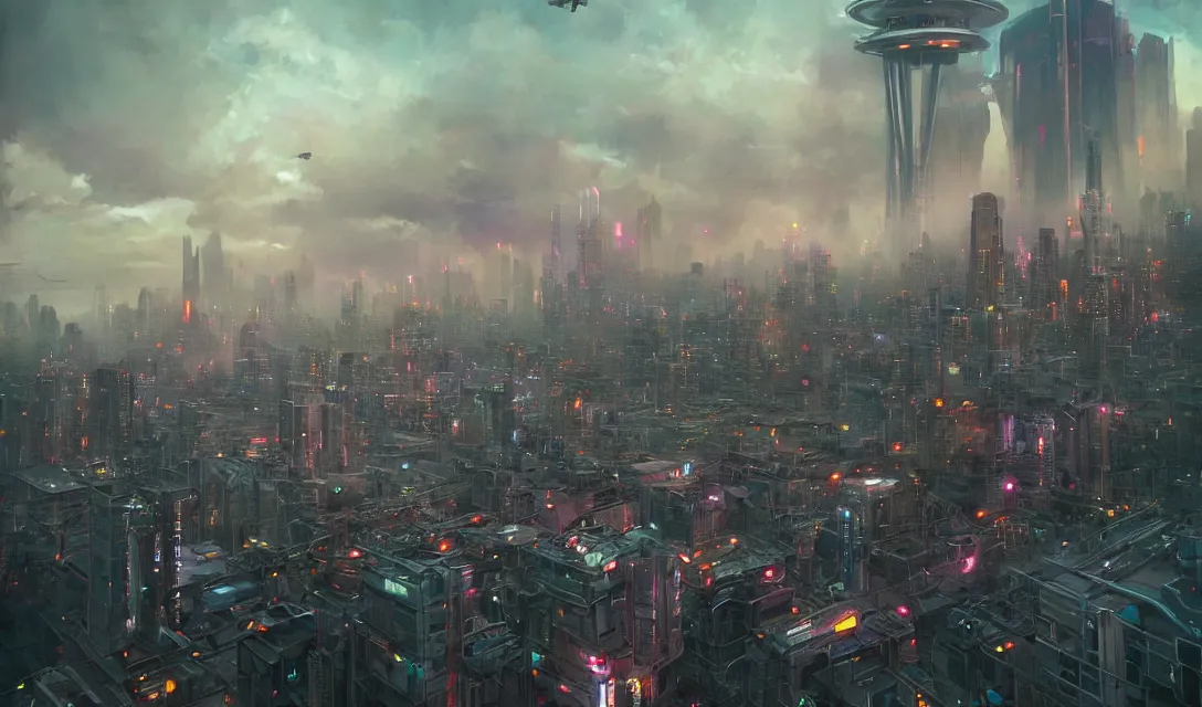 Prompt: Futuristic Seattle in the distance by Greg Rutkowski, chinooks flying across the skies, neon lights and blue hour, futuristic architecture concept, inspired by Stephan Martiniere and New York City, fantasy, digital art, professional illustration, realistic, ultra detailed, atmospheric, cinematic lighting, movie concept art, hyper detailed, insanely detailed, corona render, octane render, colorful redshift render, 8k