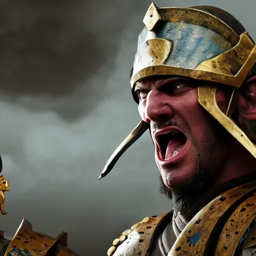 Image similar to a roman solider going into battle with a face that is angry and one that of breavey, 4 k, unreal engine 6, very detailed, high quality, painting,