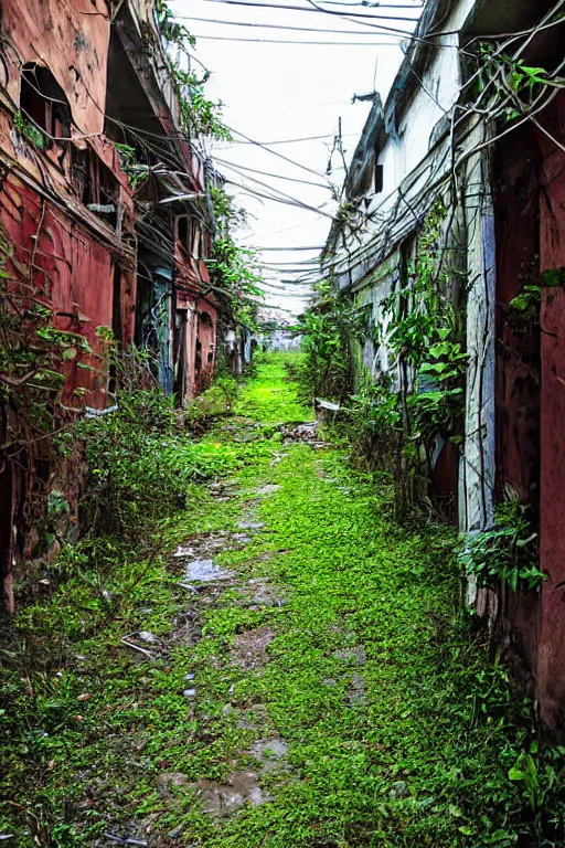 Image similar to abandoned sri lankan city street alley, overgrown greenery, photograph