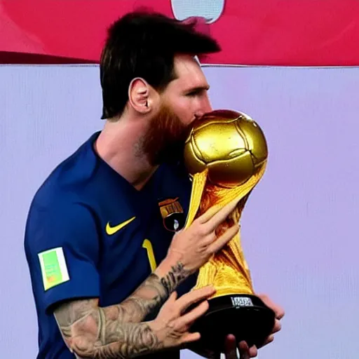 Image similar to messi kissing the soccer world cup trophy