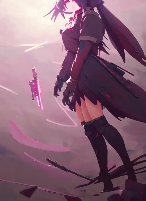 Image similar to homura akemi character, battlefield landscape, illustration concept art anime key visual trending pixiv fanbox by wlop and greg rutkowski and makoto shinkai and studio ghibli and kyoto animation, soldier clothing, cyborg parts, call of duty exoskeleton, grimdark, volumetric lighting, tank turret