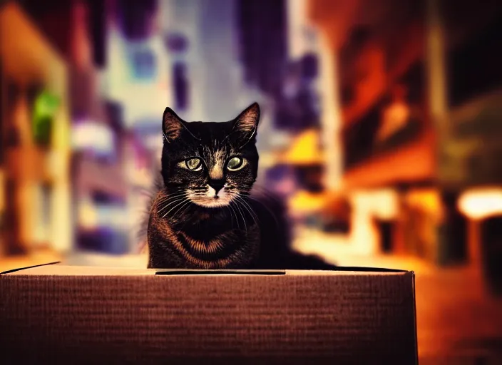 Image similar to photography of a Cat sitting on a box. in a cyberpunk street, award winning photo, saturated, colored, colors, 100mm, sharp, high res