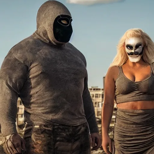 Image similar to a very huge, very big masked mutant man standing next to a small blonde woman. The mutant is huge very big very muscular. The woman is blonde and small, short. They are staring at the horizon where there are the ruins of a city, postapocalyptic, movie still