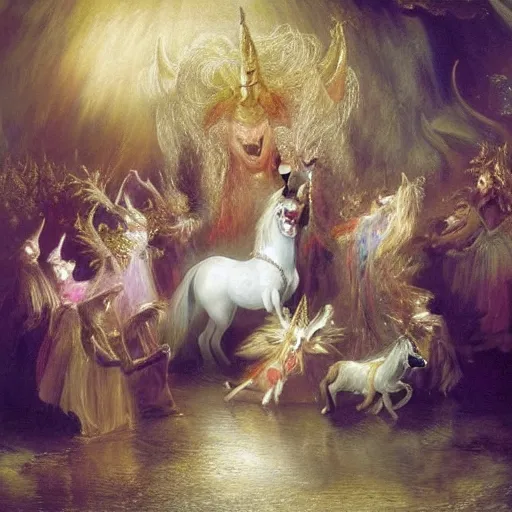 Image similar to The conceptual art features a pantomime unicorn onstage, surrounded by a group of children who are clapping and cheering. The unicorn is wearing a sparkly costume and has a long, flowing mane. Its horn is glittering and its eyes are wide open, as if it is enjoying the performance. by Thomas Moran flowing