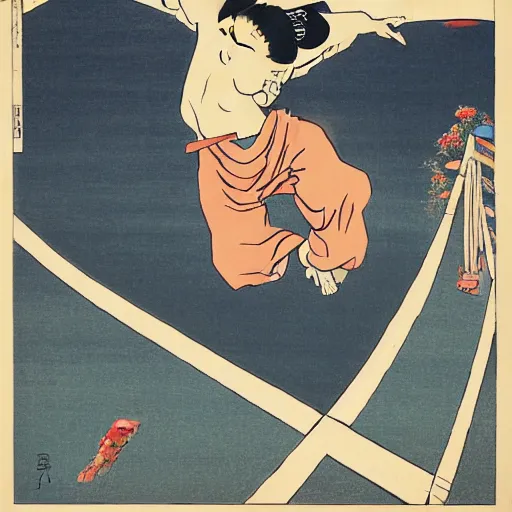 Prompt: a man dressed in contemporary clothing jumping off a highway overpass, in the style of Hokusai
