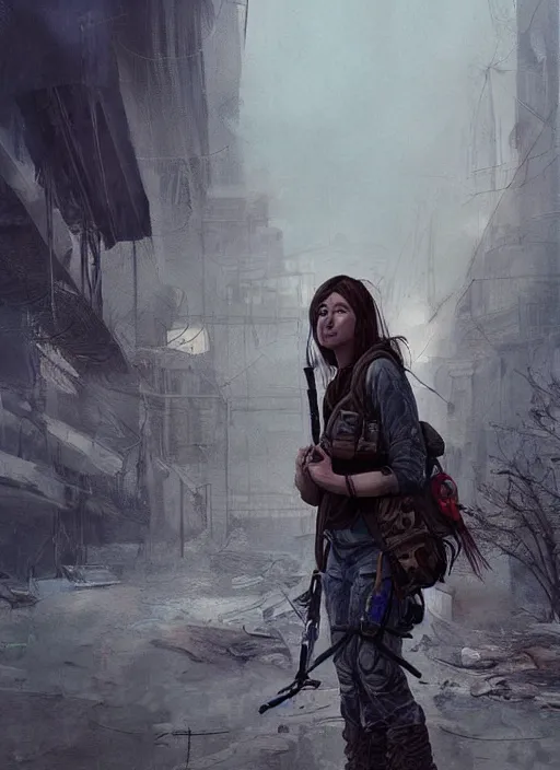 Image similar to portrait of a survivalist woman in a post apocalyptic city at dawn, beautiful intricate digital concept art trending on artstation, soft light