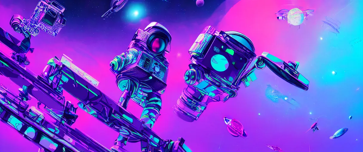 Prompt: hyper detailed 2090s neo-surreal neon purple and teal propaganda torn poster of space workers sharp cinematic lighting 8k wide angle shallow depth of field
