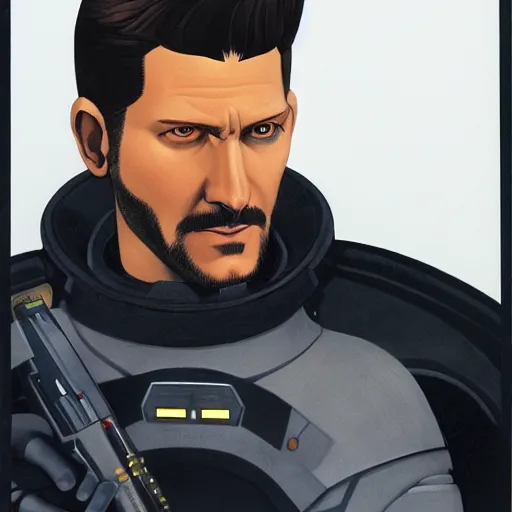 Image similar to adam jensen spaceship pilot portrait by ralph mcquarrie. trending at artstation