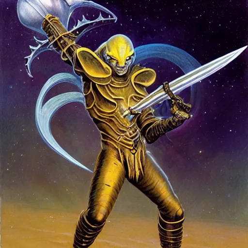 Prompt: ( ( ( half length portrait of yellow - skinned alien githyanki warrior holding a magical silver sword, in the astral plane ) ) ), d & d, fantasy, medieval, greg rutkowski, frank frazetta, alexandre chaudret, boris vallejo, michael whelan, miro petrov, hr giger, magali villeneuve, donato giancola