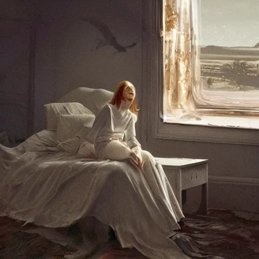 Prompt: Elle Fanning in the painted world of Dead Space, head and shoulders masterpiece, apocalypse, golden hour, cosmic horror, artstation, in the style of Andrew Wyeth and Edward Hopper and Bosch, extremely detailed