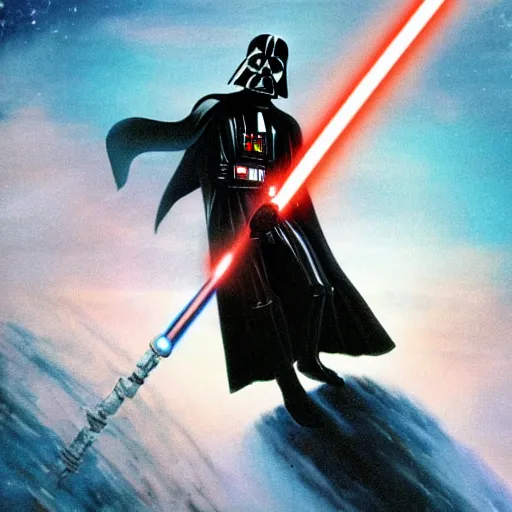 Image similar to Photo of Darth Vader wielding a lightsaber while riding a giant cat in space.