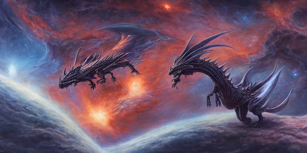 Image similar to cinematic shot of an alien dragon flying in front of an epic nebula, Dan Seagrave art