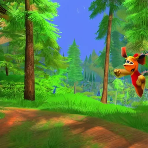 Image similar to banjo kazooie running towards a distant jiggy, dreamy landscape, forest of treetops