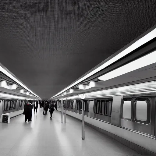 Prompt: an underground New York City subway station platform designed by Zaha Hadid