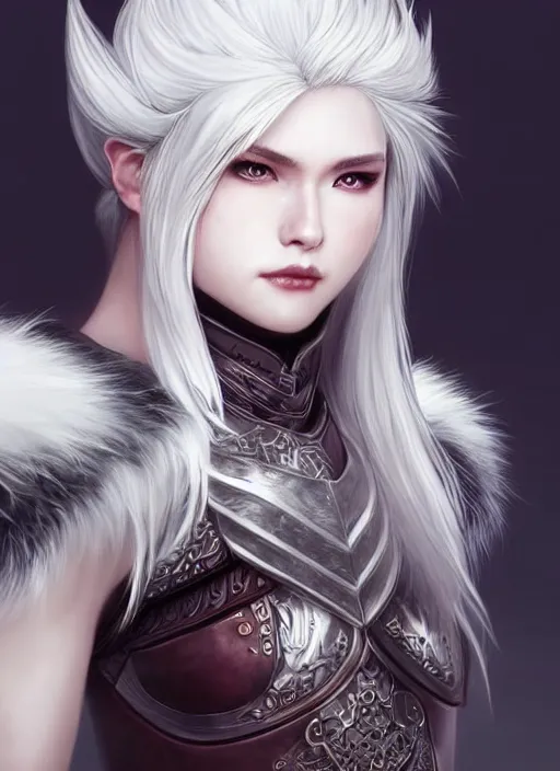 Image similar to warrior, fur leather armor!!! beautiful and elegant white hair female!! gorgeous ayes!! character concept art, sharp focus, octane render! unreal engine 5! highly rendered!! trending on artstation!! detailed linework!! illustration by artgerm, wlop, and chie yoshii