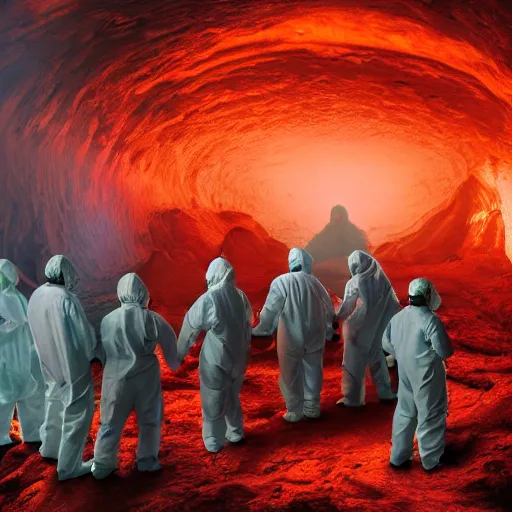 Image similar to wide - shot photo of a group of scientists in hazmat suits, studying a hell open rift portal, by shaun tan, codachrome, hellish, unsettling, otherworldly, smoke, machines, 8 k, hd, highly detailed,
