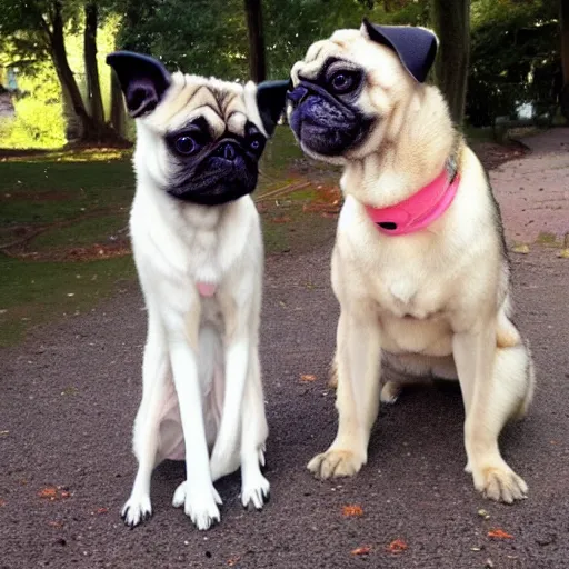 Image similar to pug dog and borzoi dog swap noses, funny dog photo, beautiful, strange