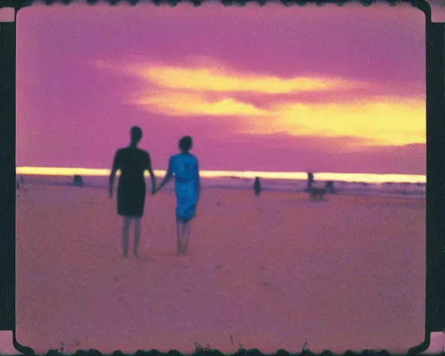 Prompt: a couple walks on the beach, hundreds of spheres in the sky, violet and yellow sunset, polaroid photo, whimsical and psychedelic, 1 9 6 0 s, grainy, expired film, glitched